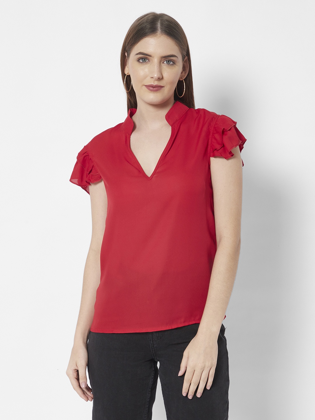 

URBANIC Women Red Solid Mandarin Collar Top