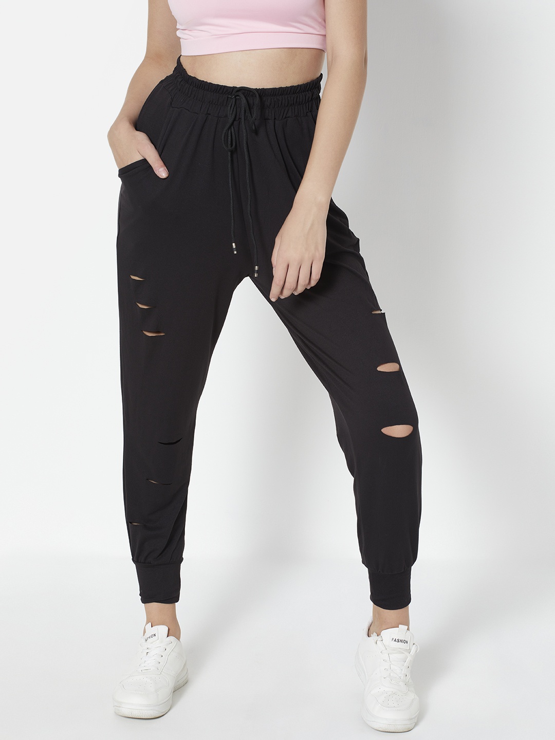 

URBANIC Women Black Solid Ripped Sports Joggers