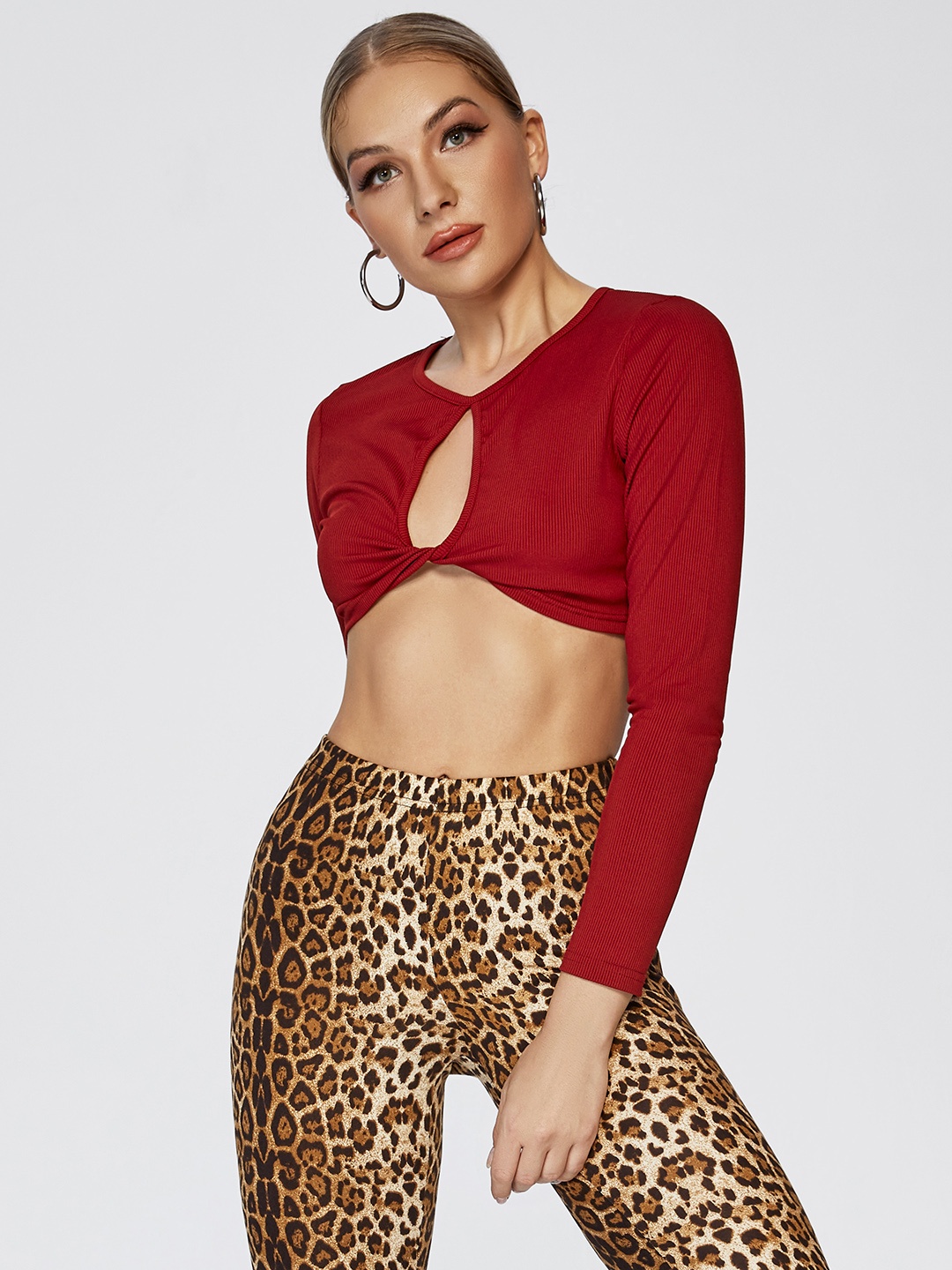 

URBANIC Women Burgundy Twisted Crop Top with Cut-Out Detail