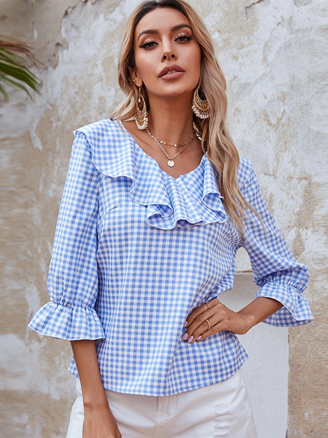 

URBANIC Blue & White Checked Ruffles Top