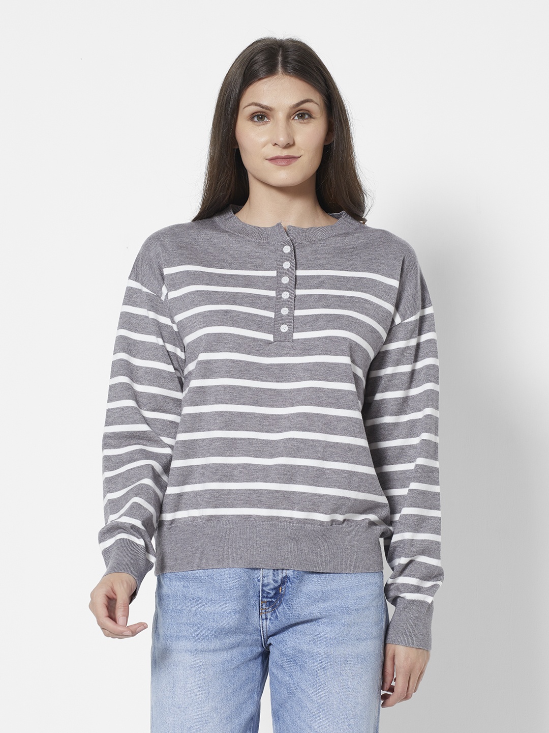 

URBANIC Women Grey Striped Relaxed Fit Sweatshirt