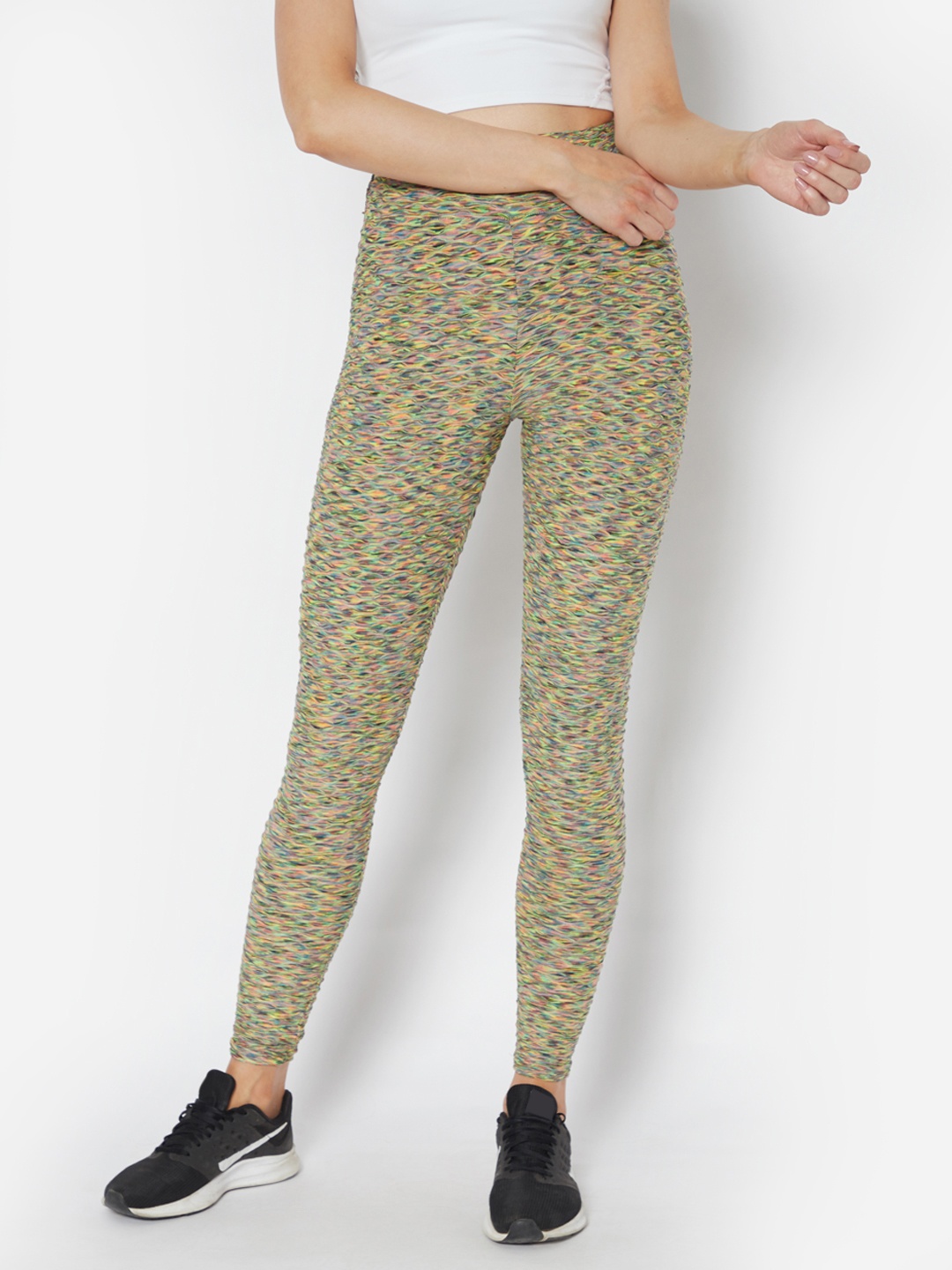 

URBANIC Women Grey & Yellow Abstract Print Slim Fit Ruched Gym Tights