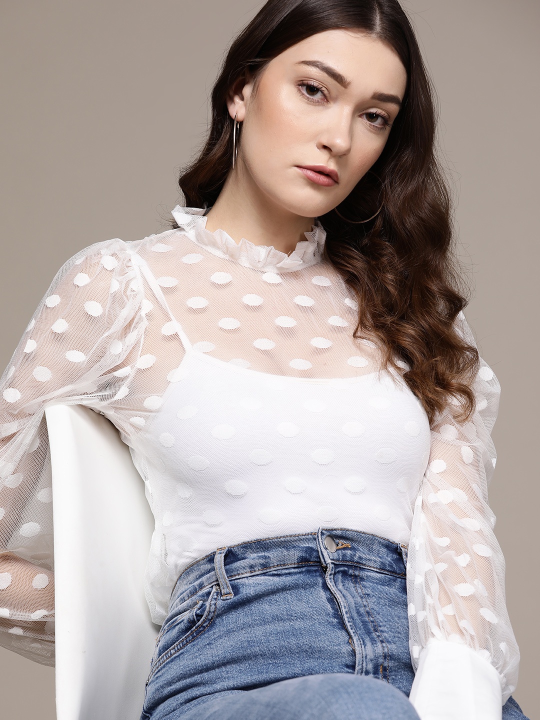 

URBANIC White Self-Design Sheer Net Fitted Top