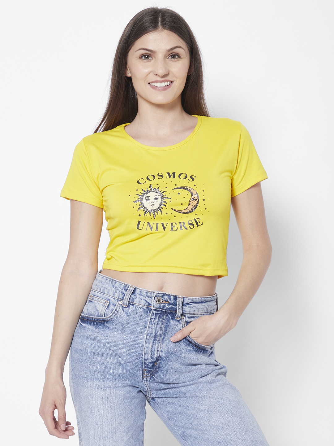 

URBANIC Women Yellow Typography Printed Slim Fit Crop T-shirt