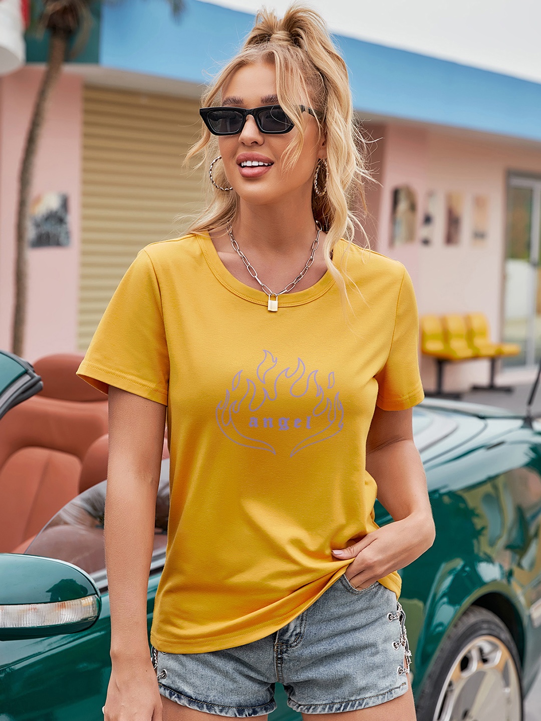 

URBANIC Women Yellow & Blue Printed T-shirt