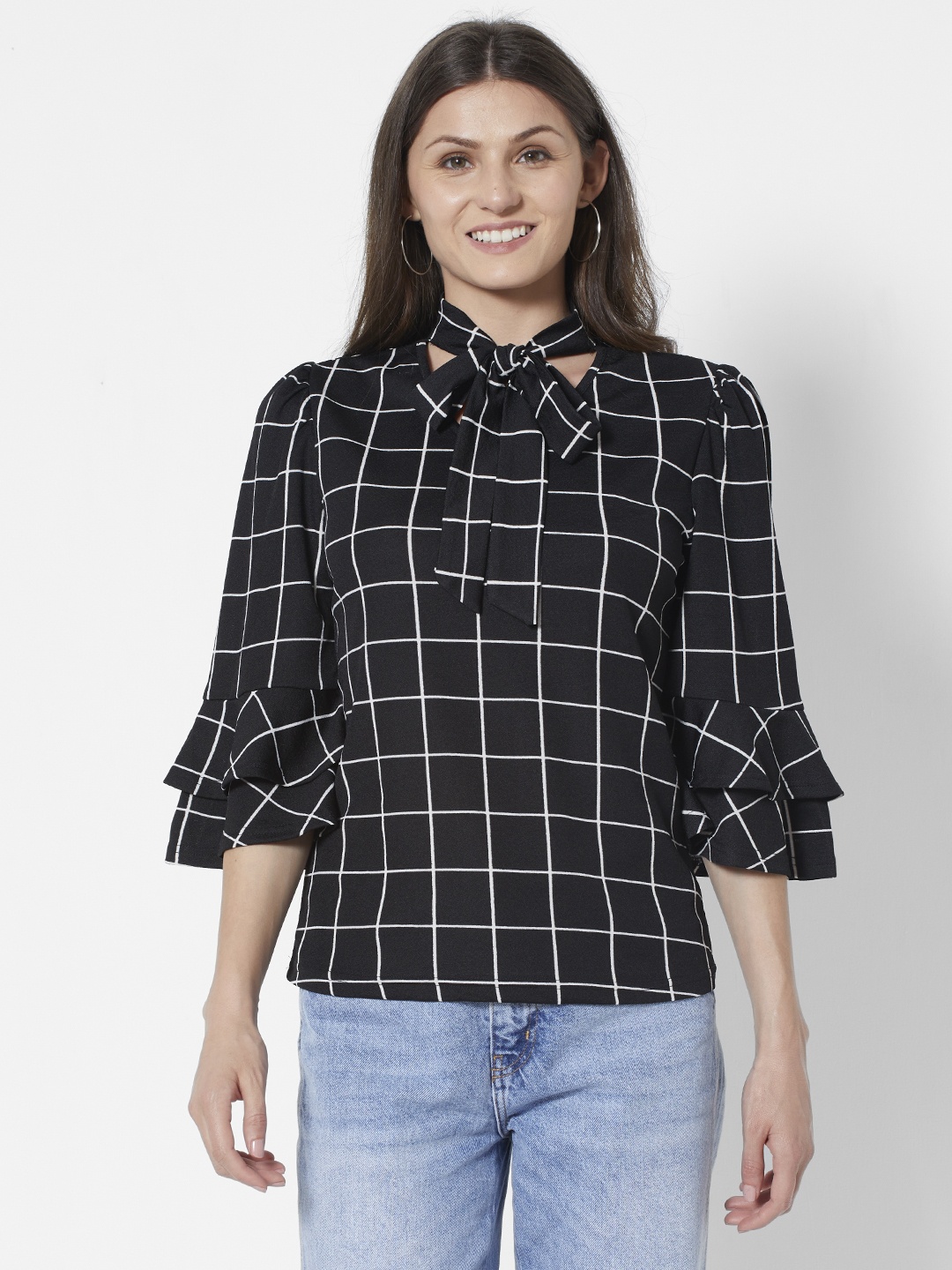 

URBANIC Women Black & White Checked Tie-Up Neck Top
