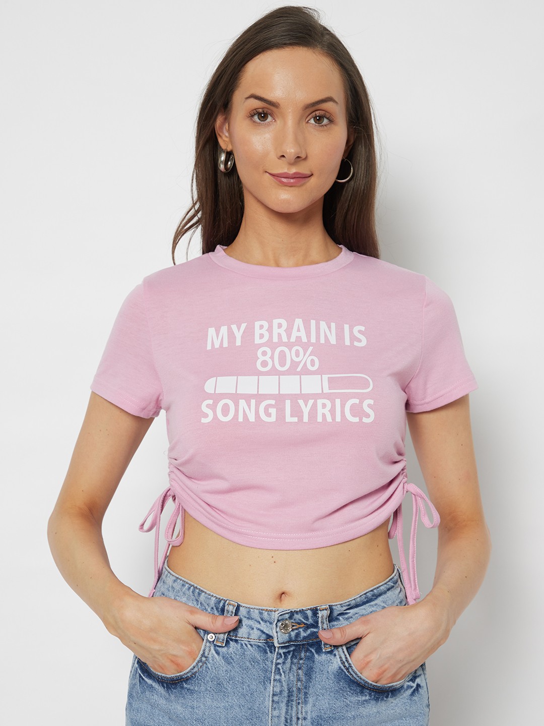 

URBANIC Women Lavender Typography Printed Ruched T-shirt