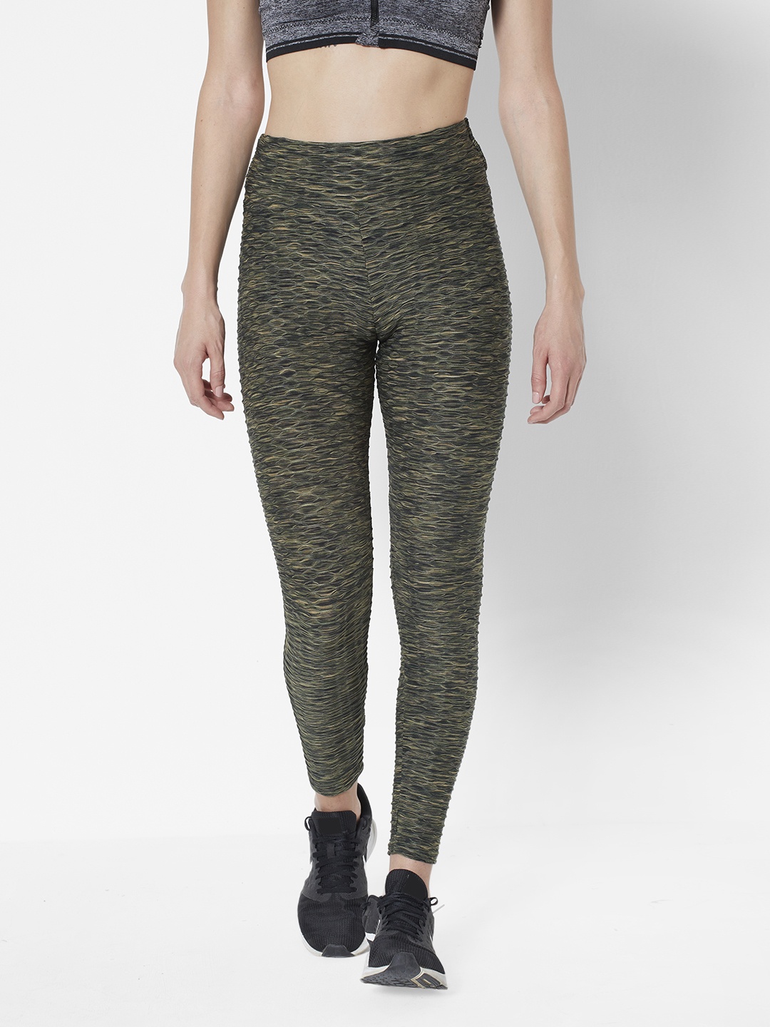 

URBANIC Women Olive Green & Black Abstract Print Slim Fit Ruched Gym Tights