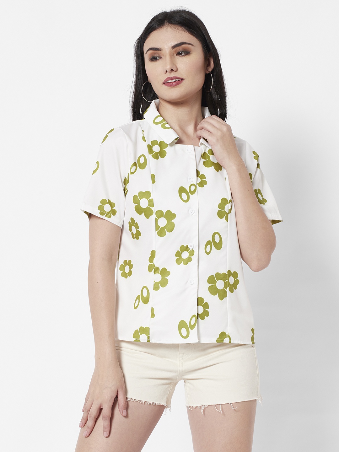

URBANIC Women White & Olive Green Floral Printed Casual Shirt