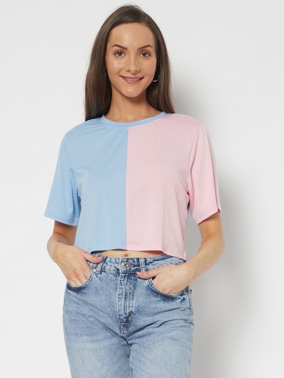 

URBANIC Women Dusty Pink & Blue Colourblocked Relaxed Fit Crop T-shirt, Rose