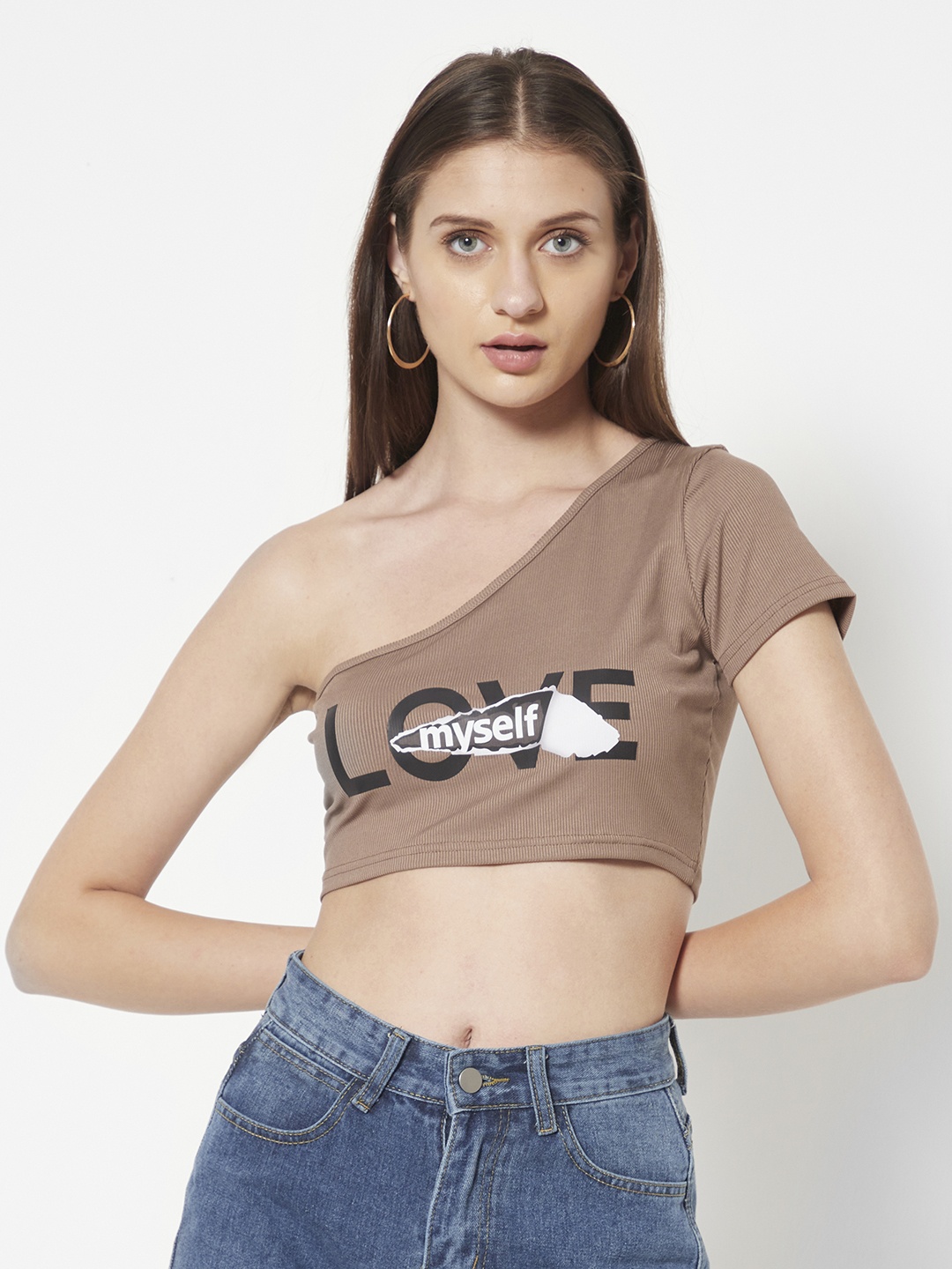

URBANIC Women Taupe Typography Printed One Shoulder Crop Top