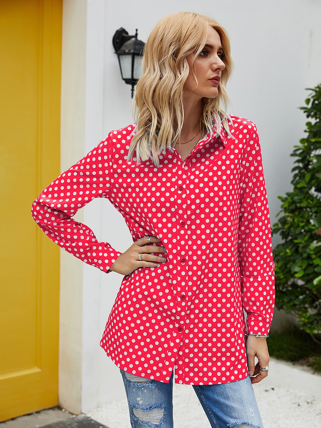 

URBANIC Women Red & White Polka Dot Printed Casual Shirt