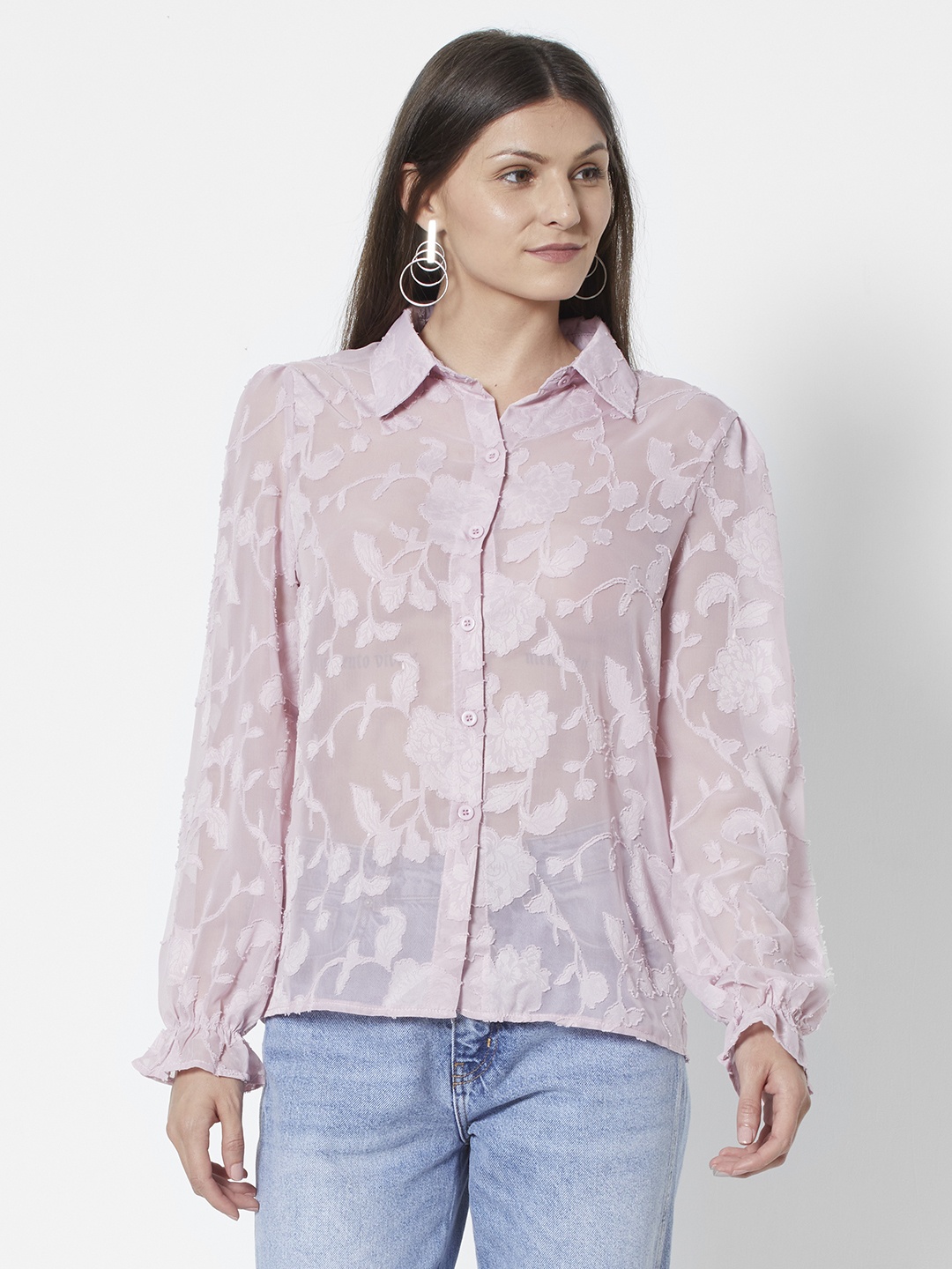 

URBANIC Women Dusty Pink Floral Sheer Shirt Style Top, Rose