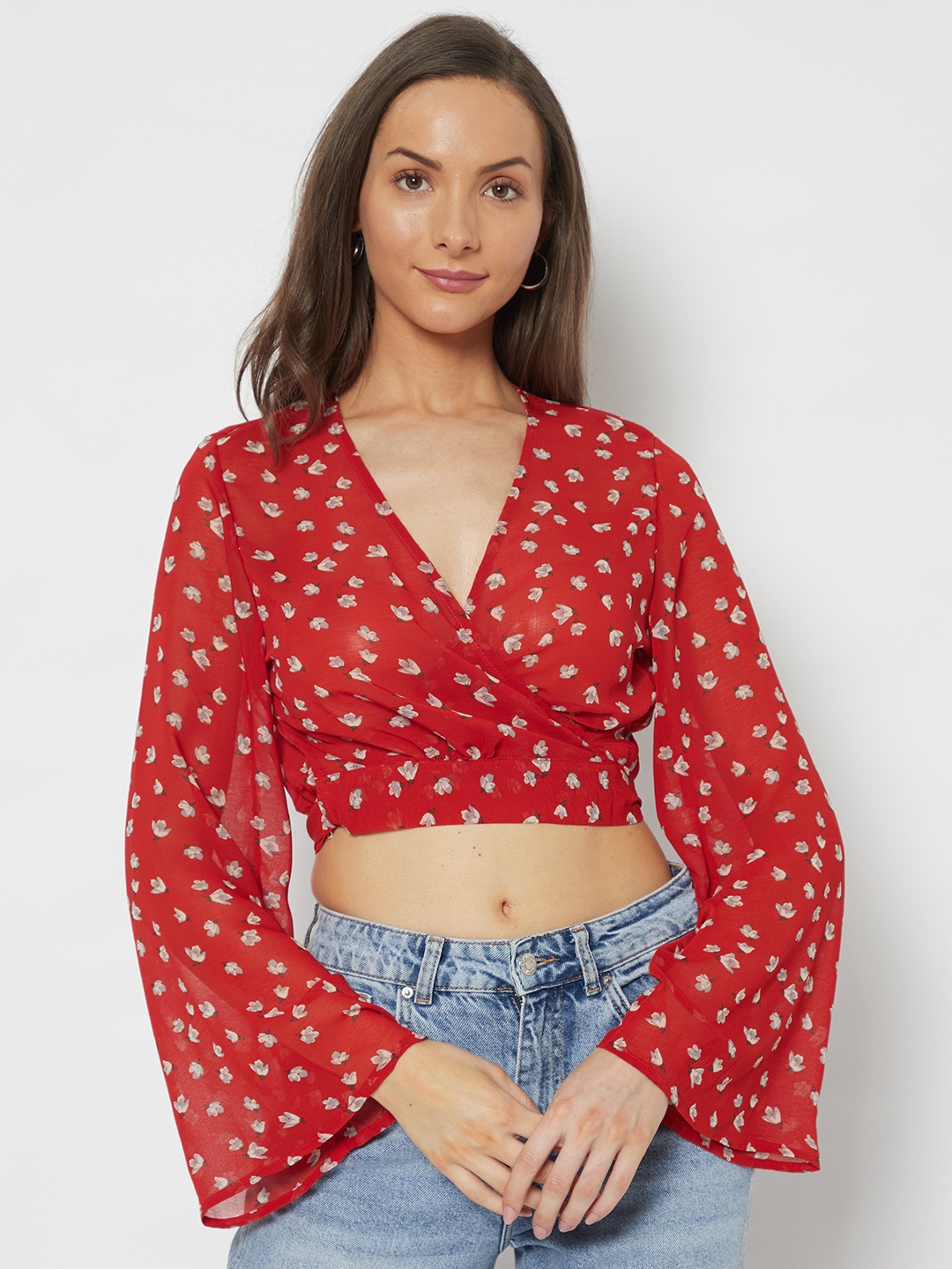 

URBANIC Women Red Floral Printed Wrap Crop Top