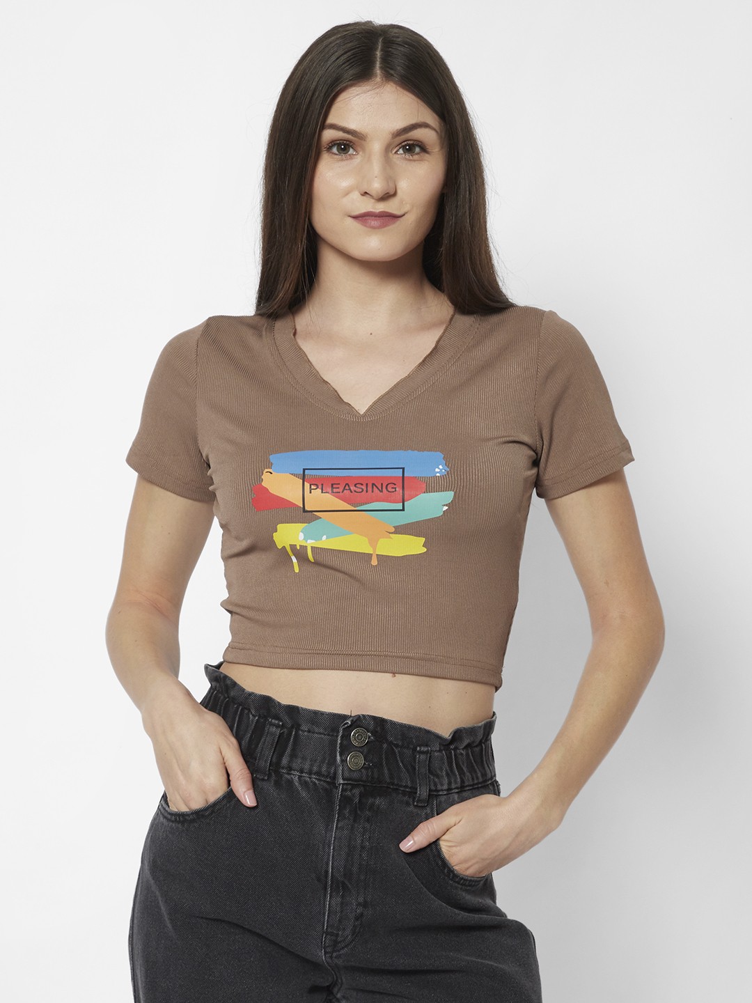 

URBANIC Women Brown Typography Printed Ruched Crop Top