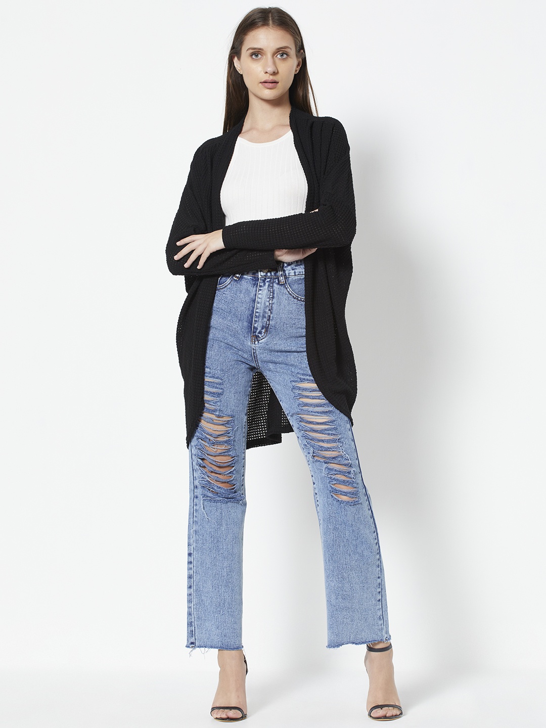 

URBANIC Women Black Solid Knitted Front Open Longline Sweater