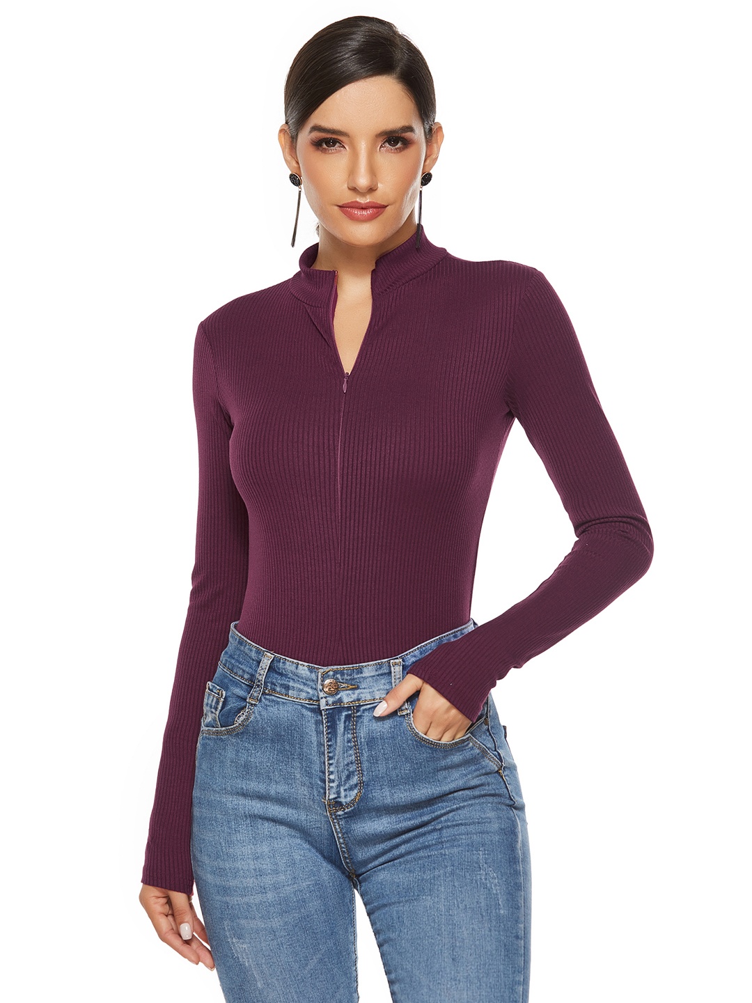 

URBANIC Women Burgundy Ribbed Bodysuit