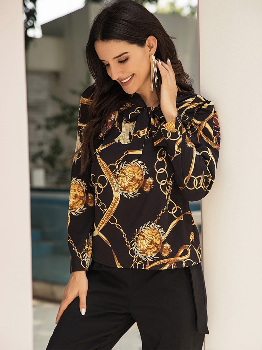 

URBANIC Women Black & Yellow Conversational Printed Tie-Up Neck Formal Top