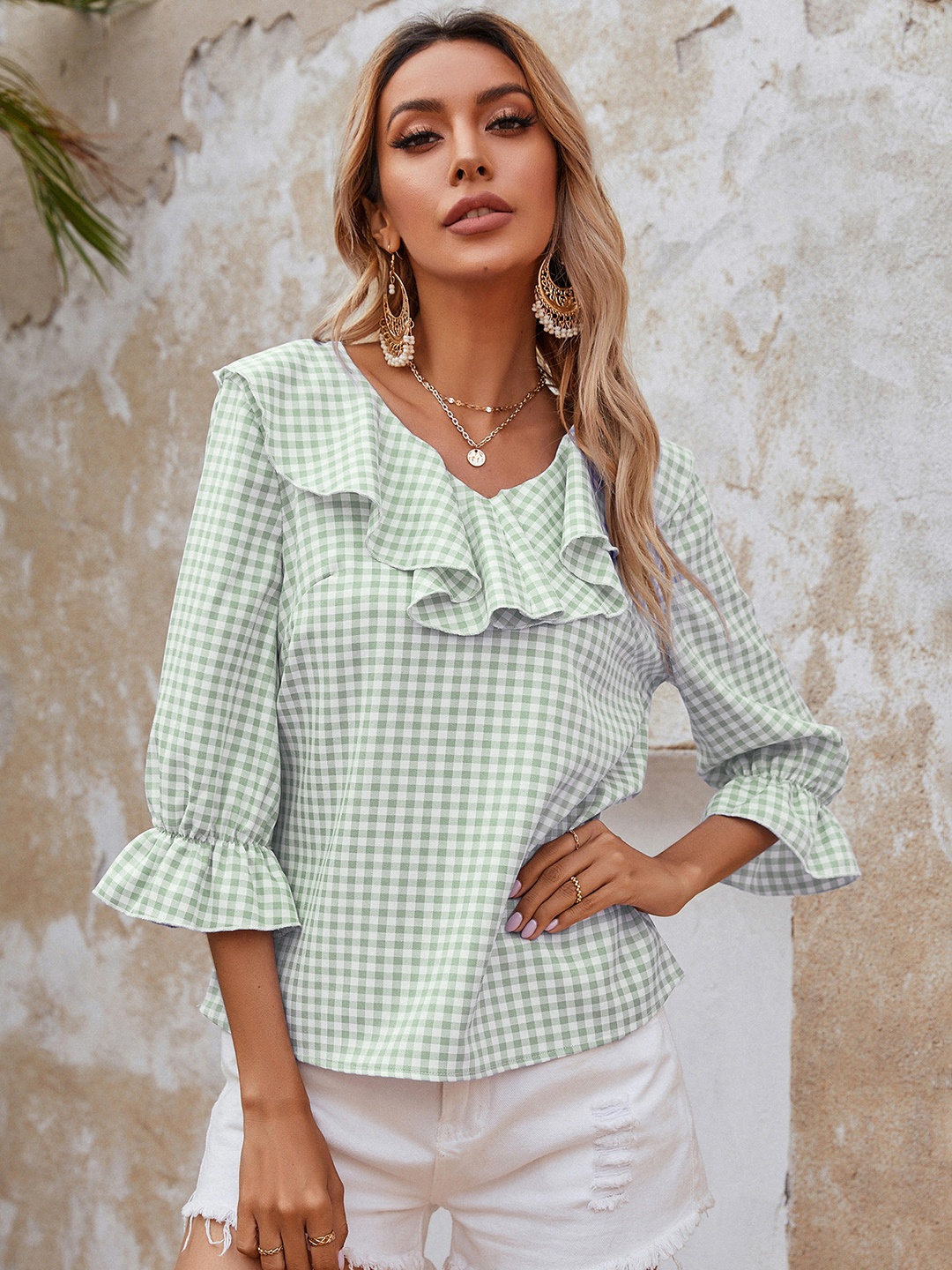 

URBANIC Green & White Checked Ruffled Top