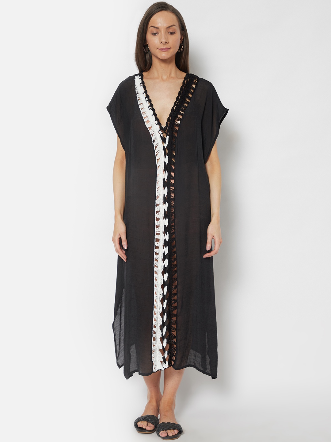 

URBANIC Black & White Crochet Swim Cover Up A-Line Dress