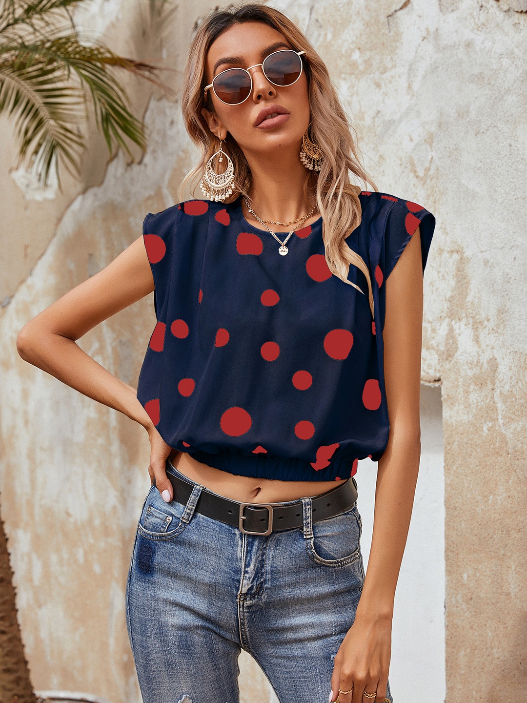 

URBANIC Navy Blue & Red Print Extended Sleeves Blouson Crop Top