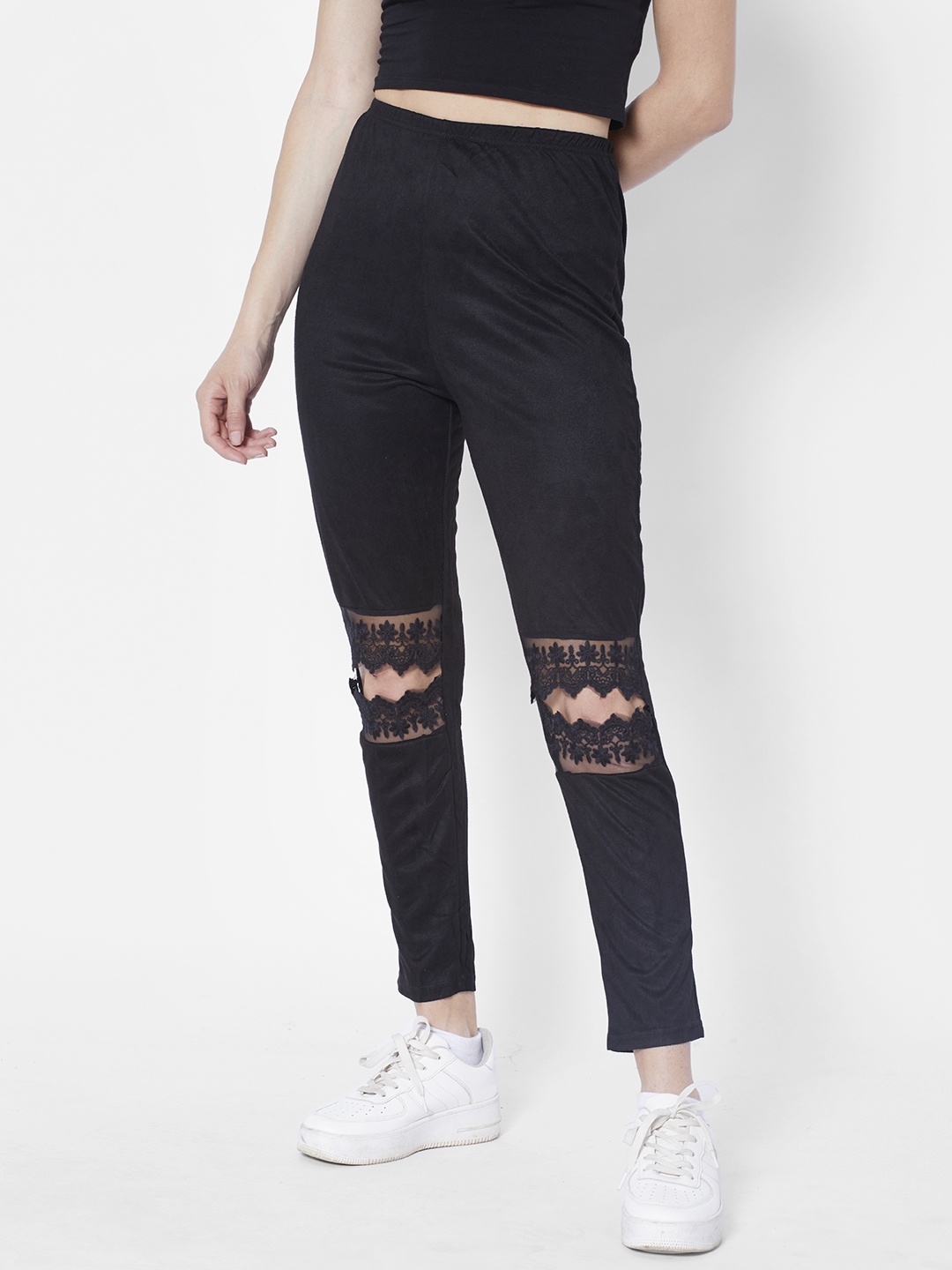 

URBANIC Women Black Solid High-Waist Lace Inserts Cut Out Track Pants