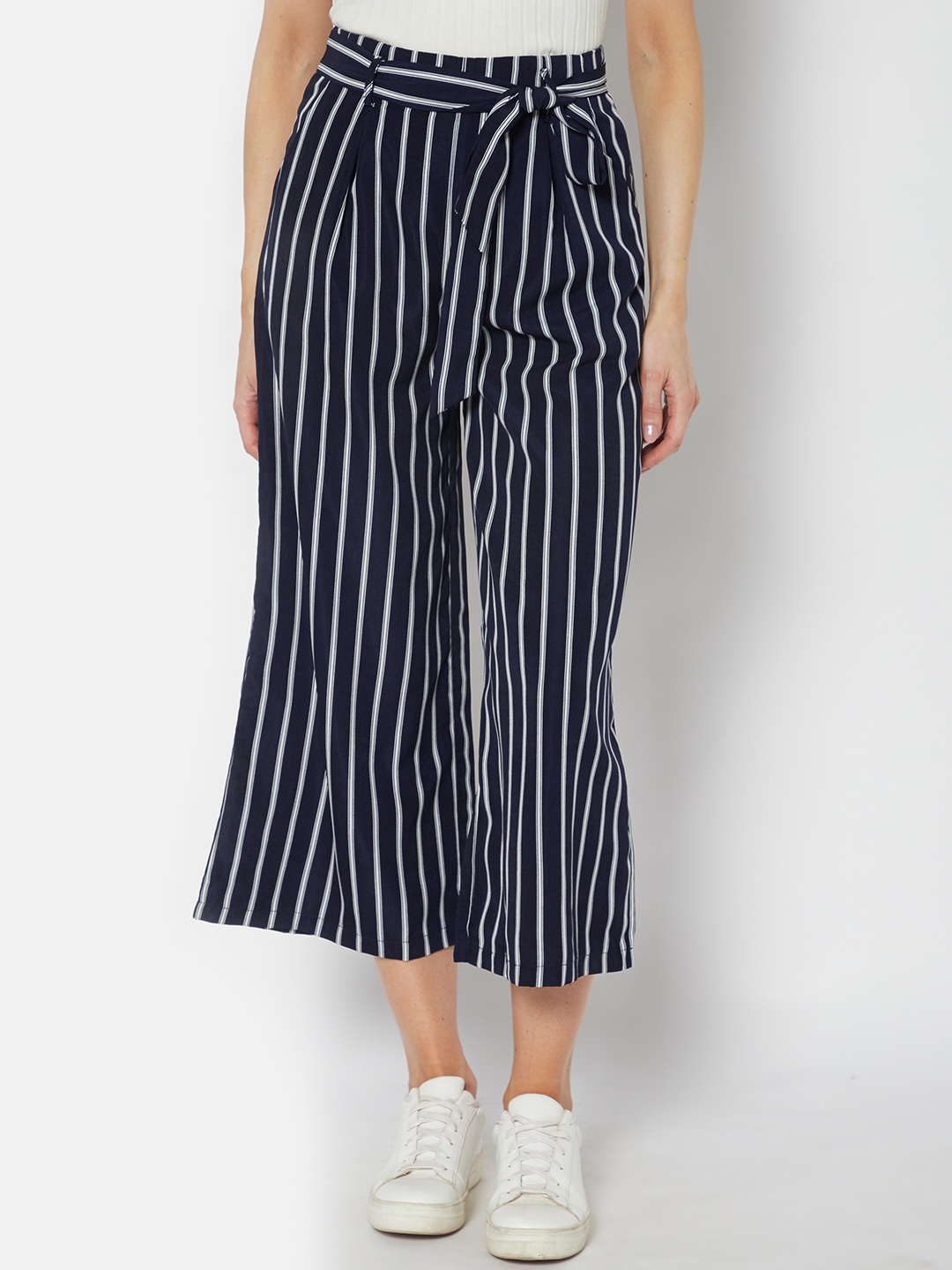 

URBANIC Women Navy Blue & White Striped Cropped Trousers