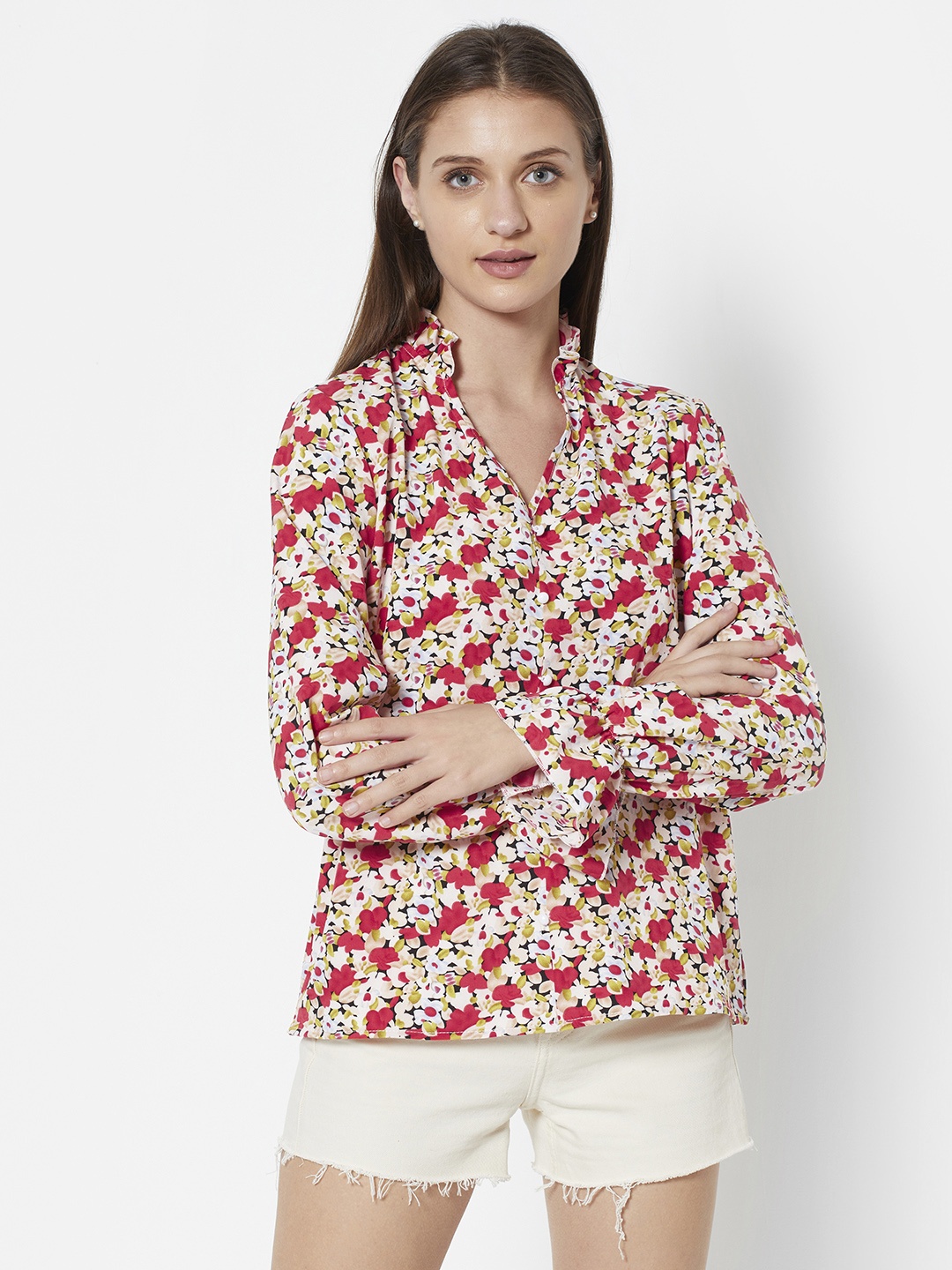 

URBANIC Women Red & White Floral Print Ruffles Top