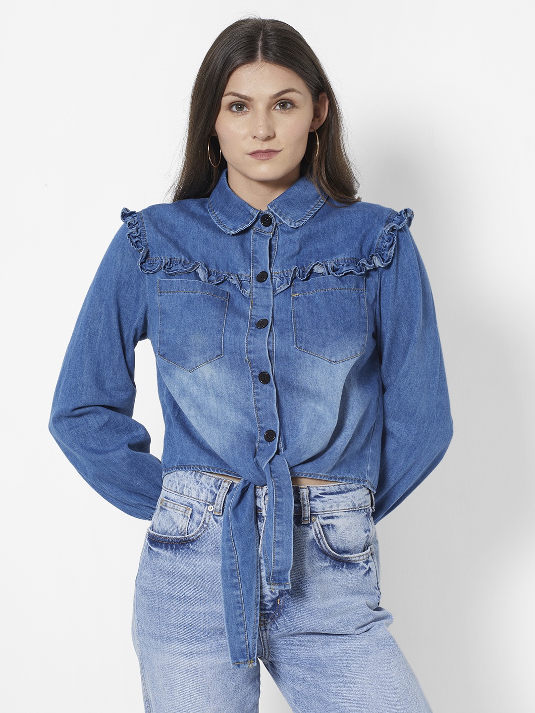 

URBANIC Women Blue Solid Ruffles Shirt Style Top