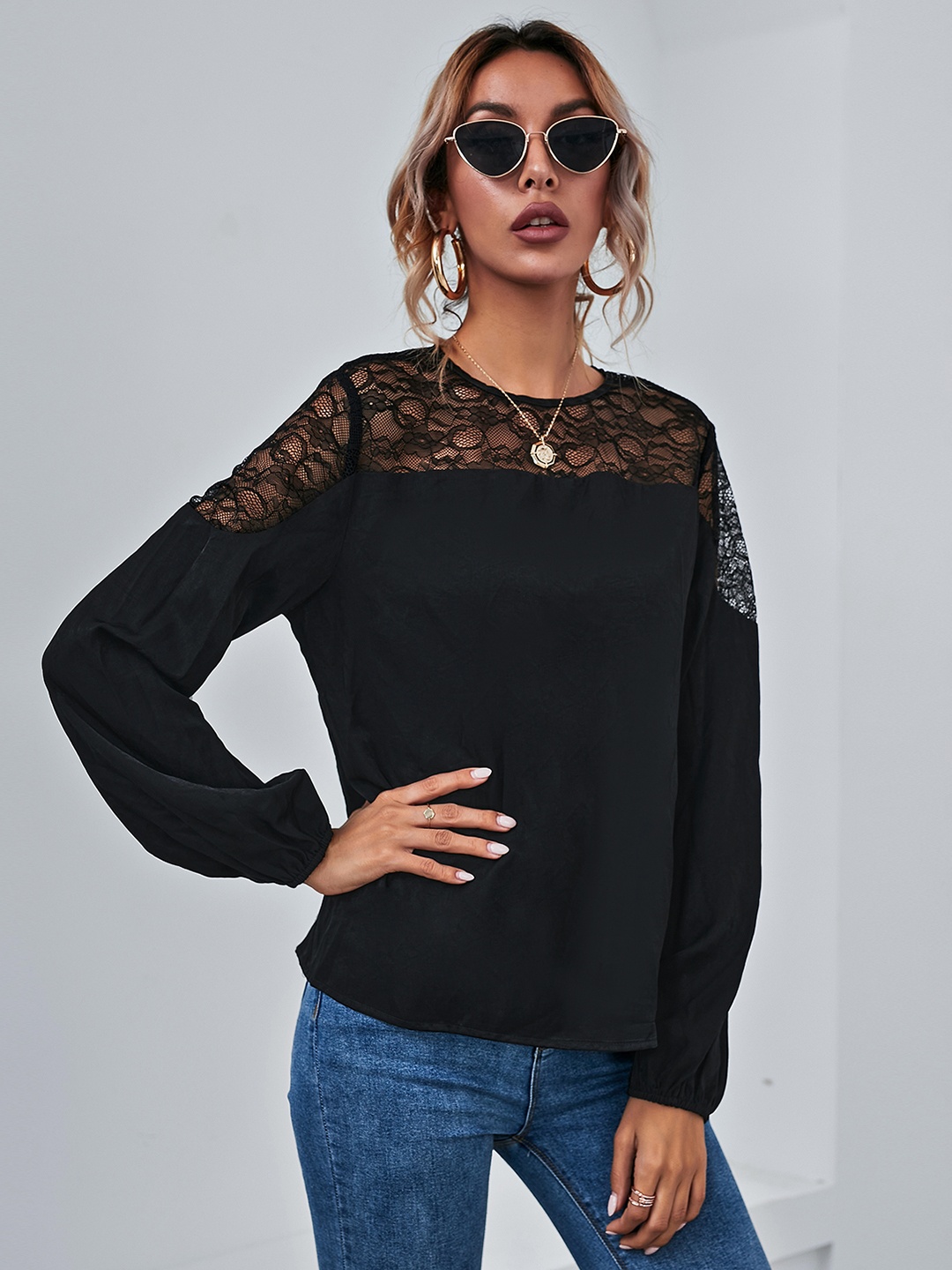 

URBANIC Women Black Solid Lace Inserts Top
