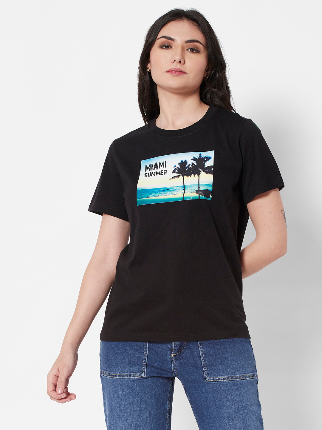 

URBANIC Women Black Cotton Printed T-shirt