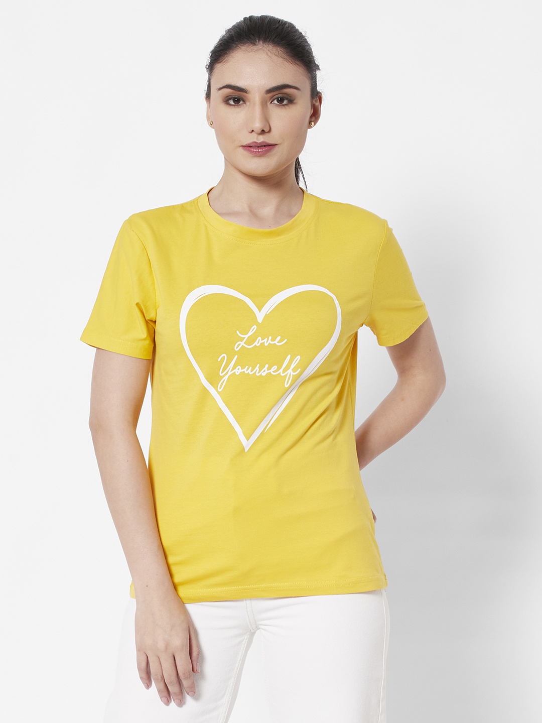 

URBANIC Women Yellow Cotton Typography Printed T-shirt