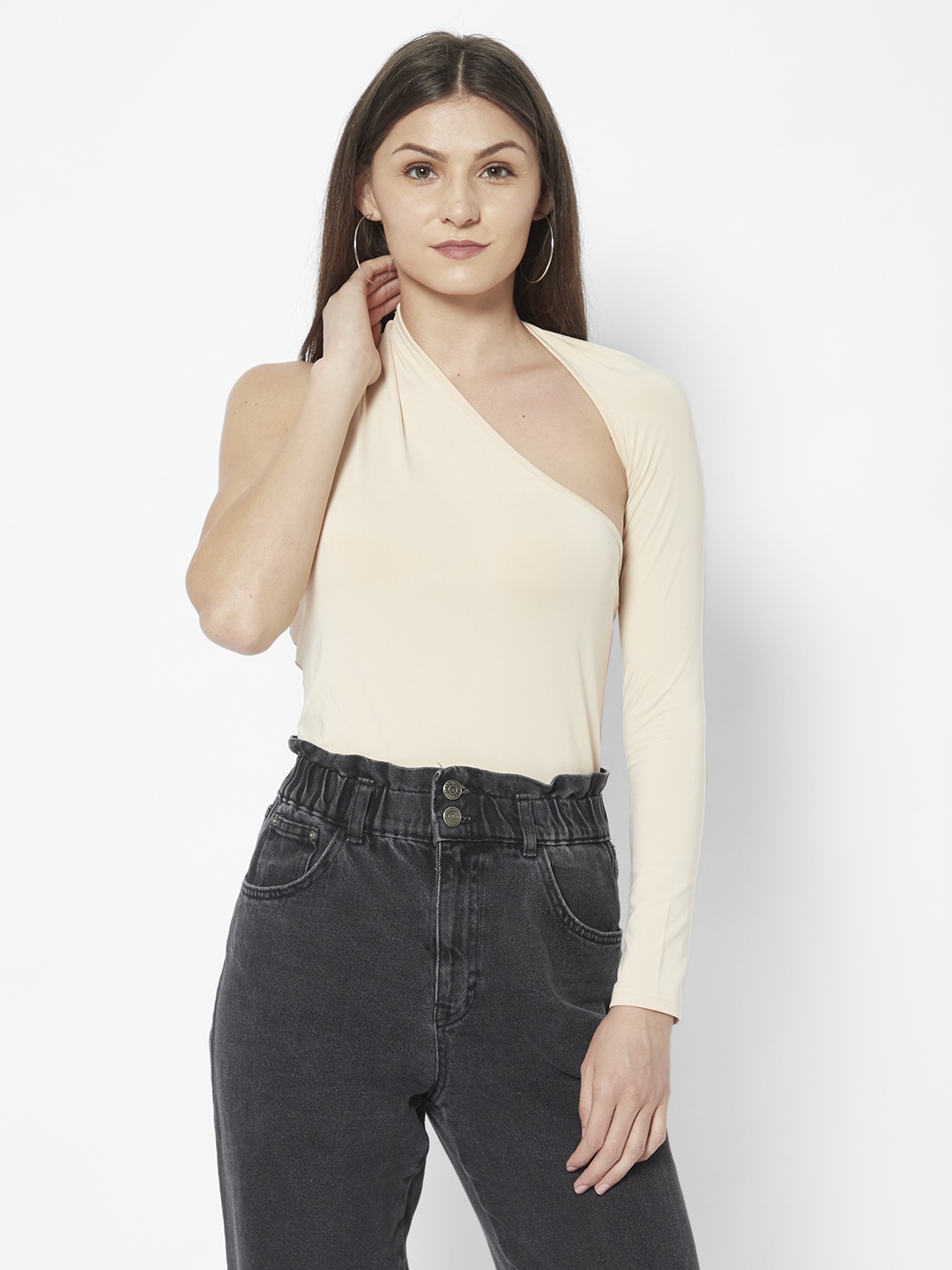 

URBANIC Women Beige Solid One Shoulder Asymmetrical Bodysuit