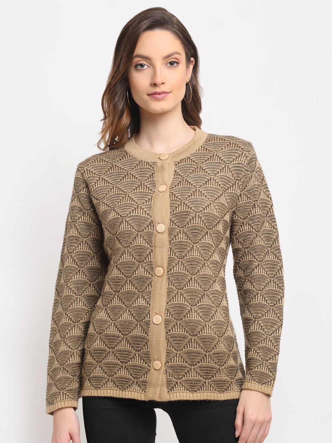 

PERFECT LINE Women Brown Self Design Cardigan Acrylic Sweater