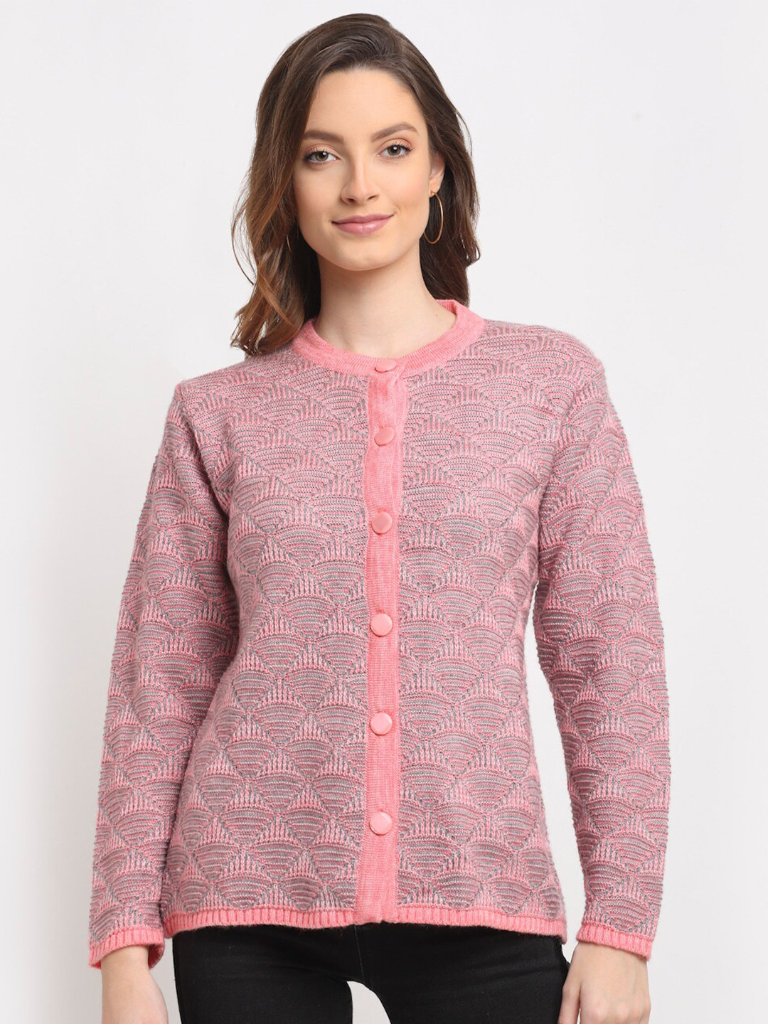 

PERFECT LINE Women Pink & Grey Acrylic Cardigan