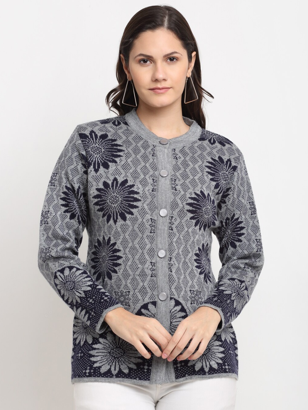 

PERFECT LINE Women Grey & Blue Floral Acrylic Cardigan Sweater
