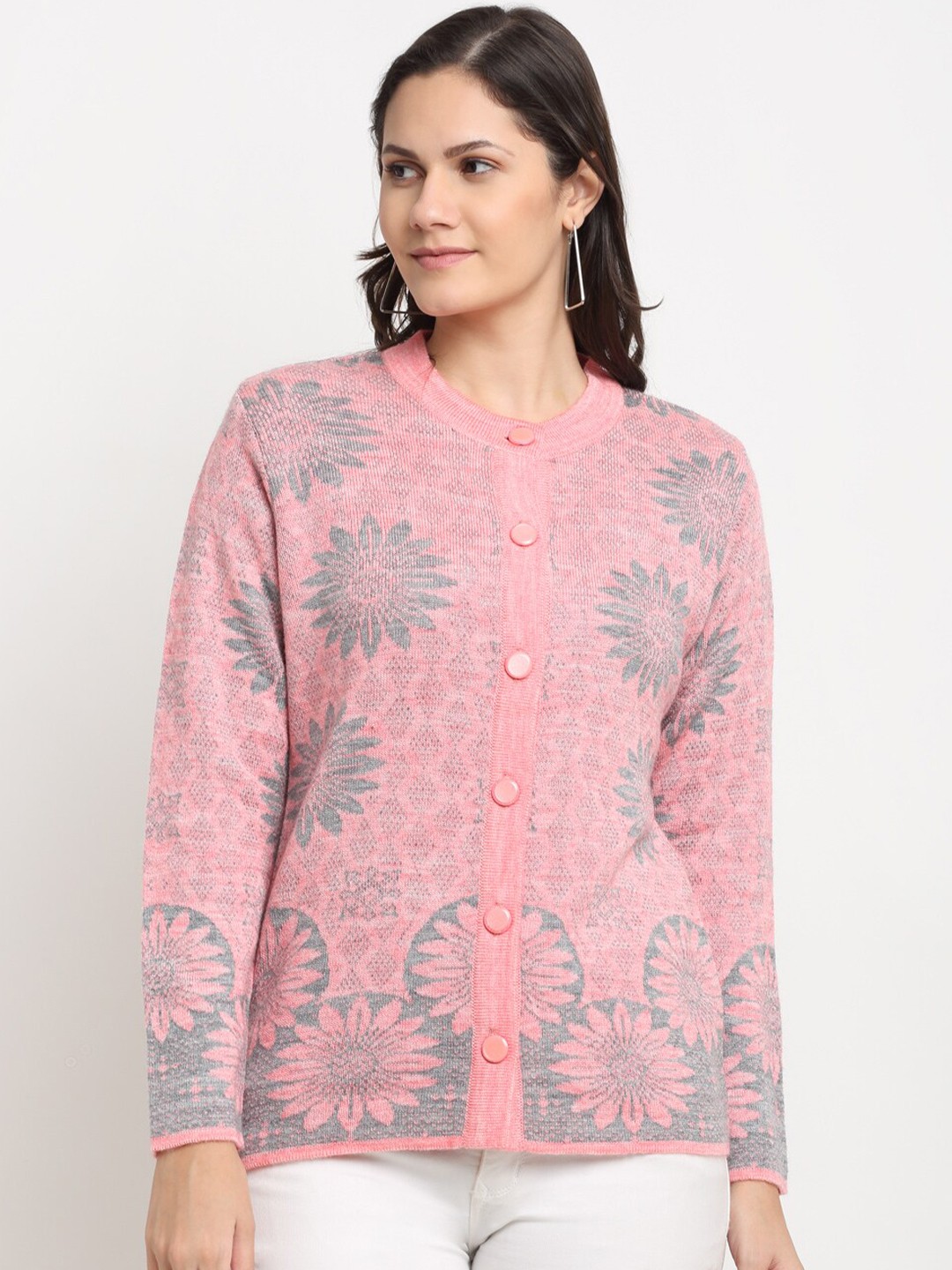 

PERFECT LINE Women Pink & Grey Floral Acrylic Cardigan