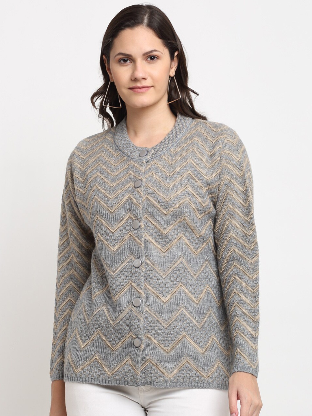 

PERFECT LINE Women Grey & Beige Chevron Acrylic Cardigan