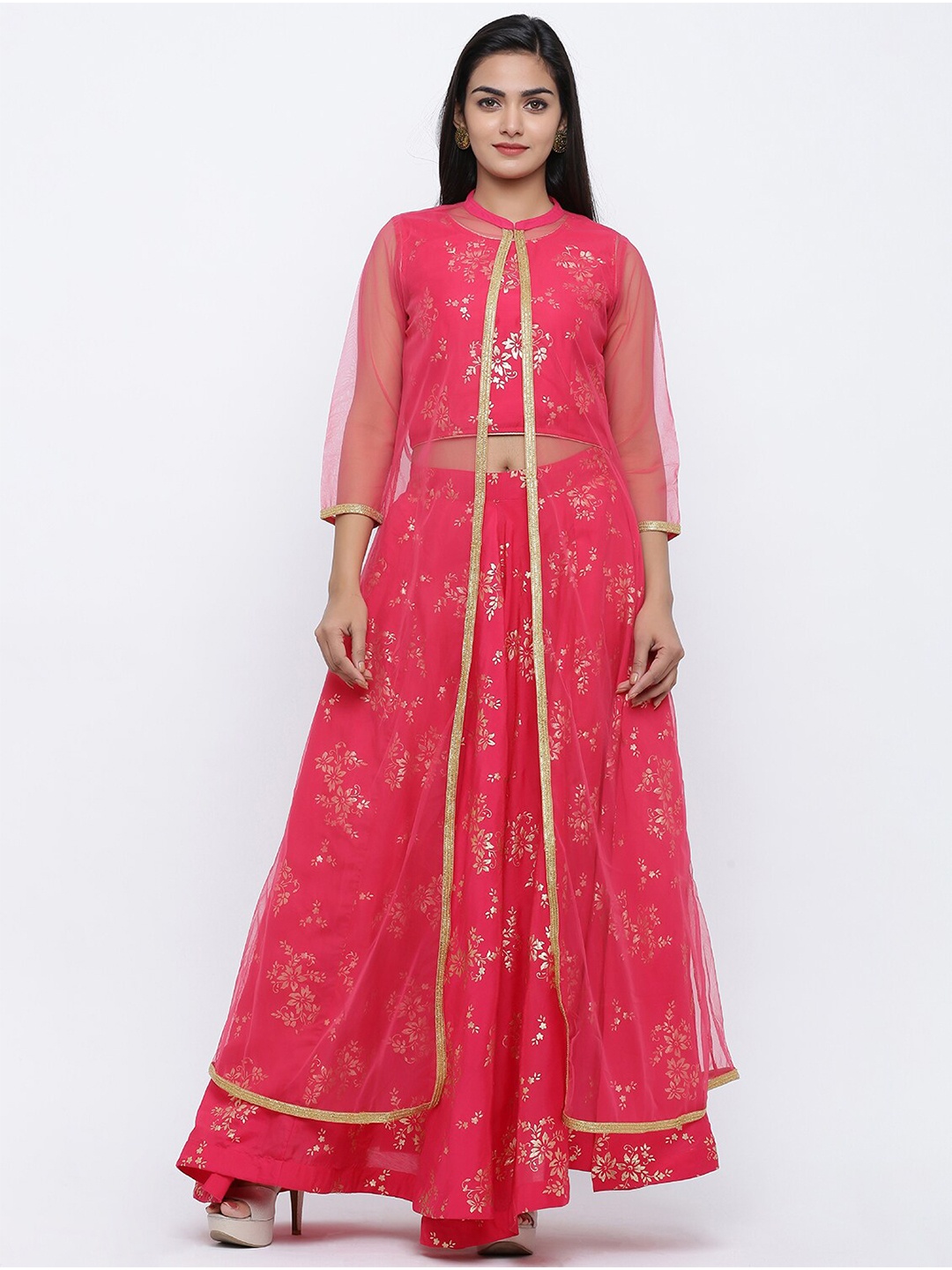 

Fusion Threads Fuchsia & Gold-Toned Printed Ready to Wear Lehenga &