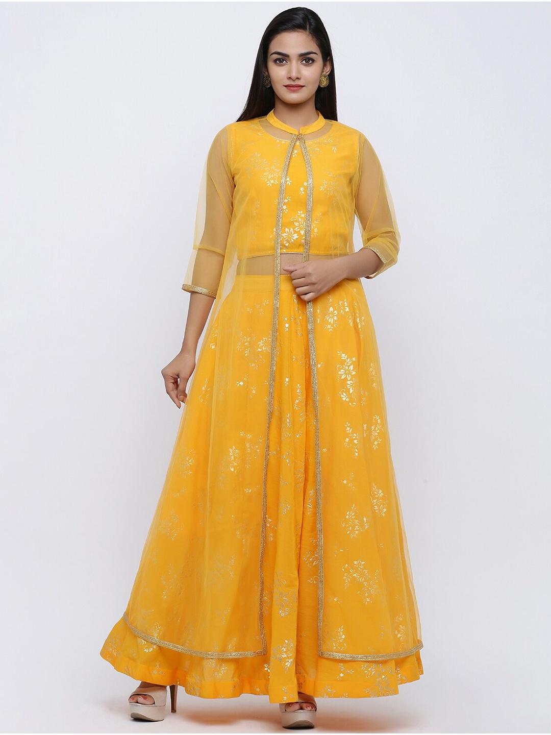 

Fusion Threads Mustard Printed Ready to Wear Lehenga Choli with Jacket