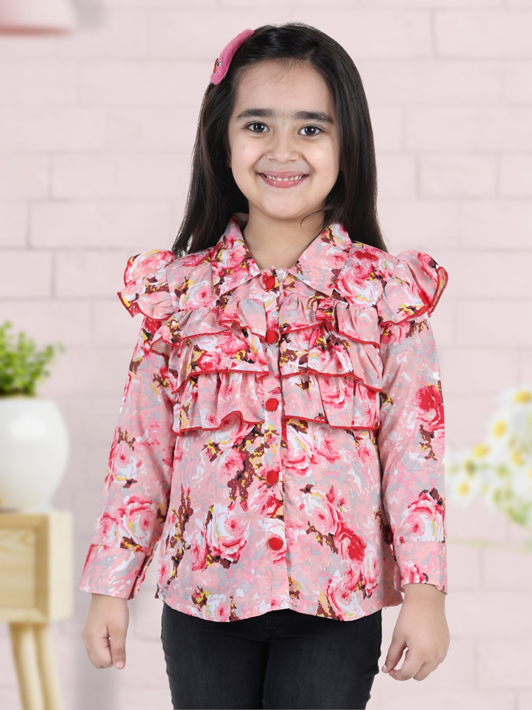 

Cutiekins Peach & Red Floral Printed Ruffles Crepe Shirt Style Top