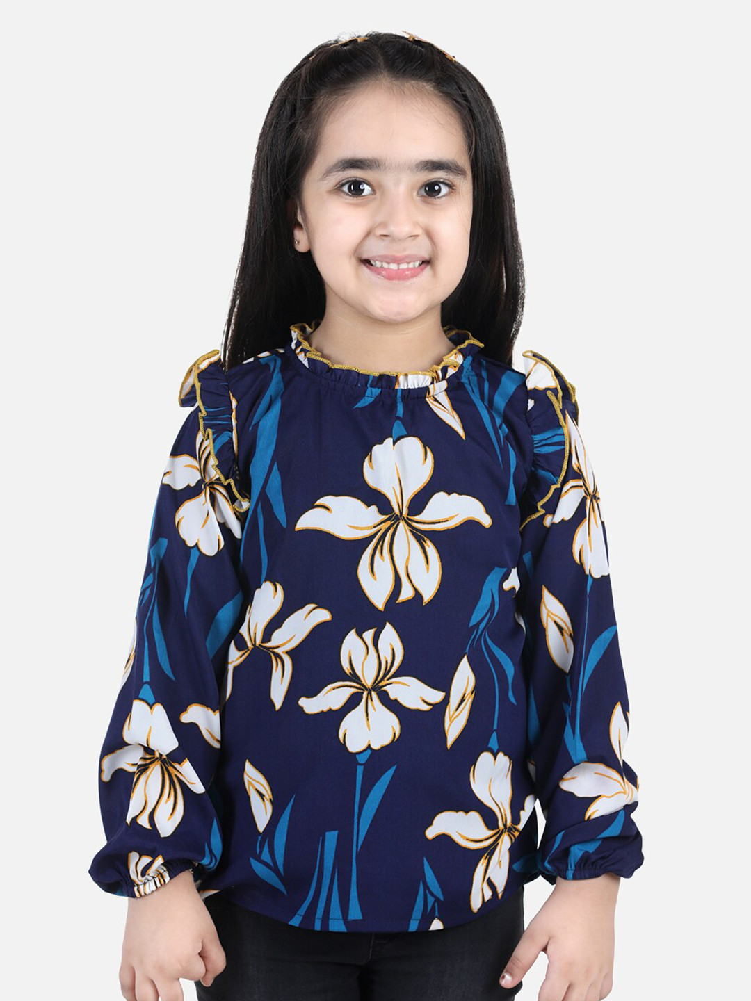 

Cutiekins Woman Navy Blue Floral Print Ruffles Crepe Blouson Top