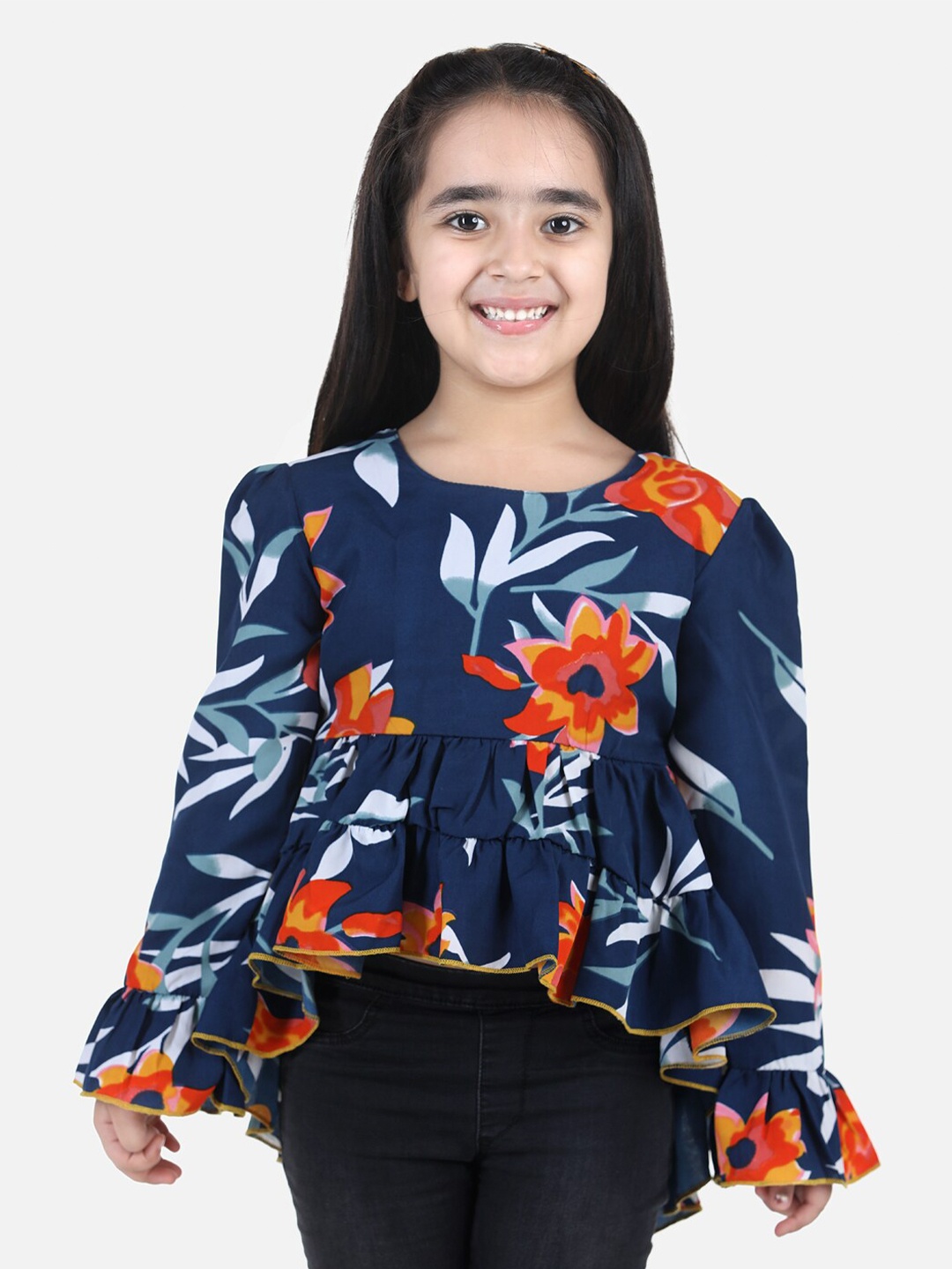 

Cutiekins Girls Navy Blue Floral Crepe High-Low Top