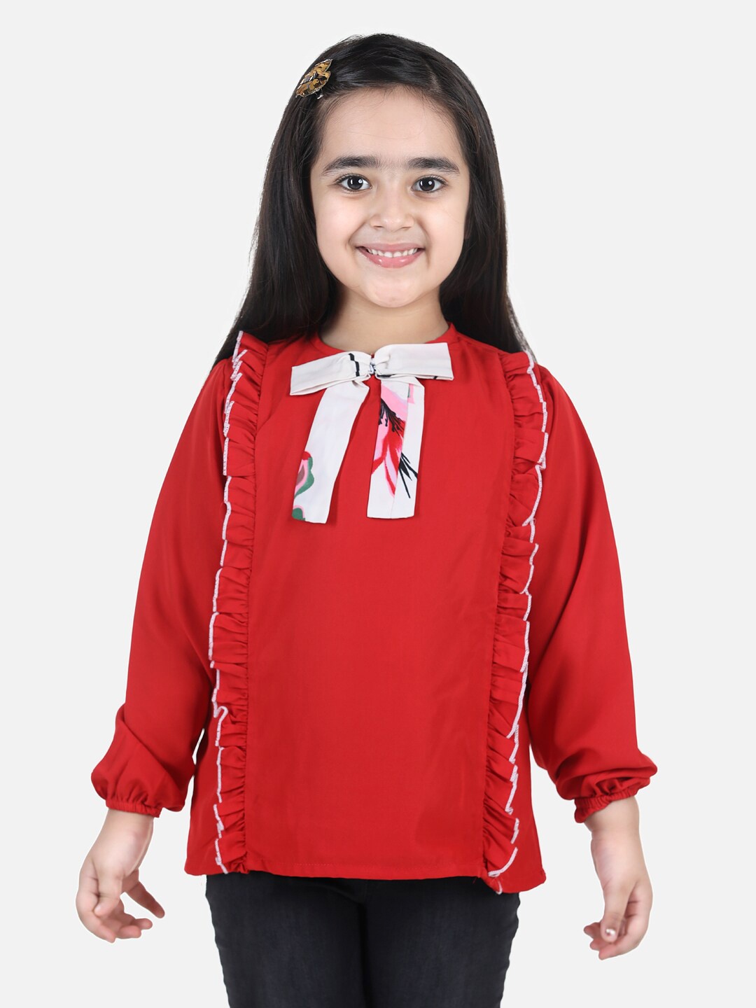 

Cutiekins Red Embellished Mandarin Collar Ruffles Crepe Regular Top