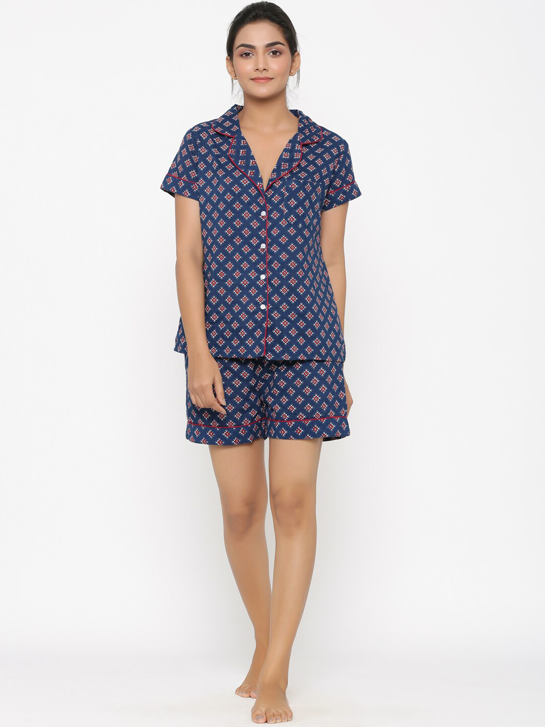 

Fusion Threads Women Blue & Red Printed Pure Cotton Night suit