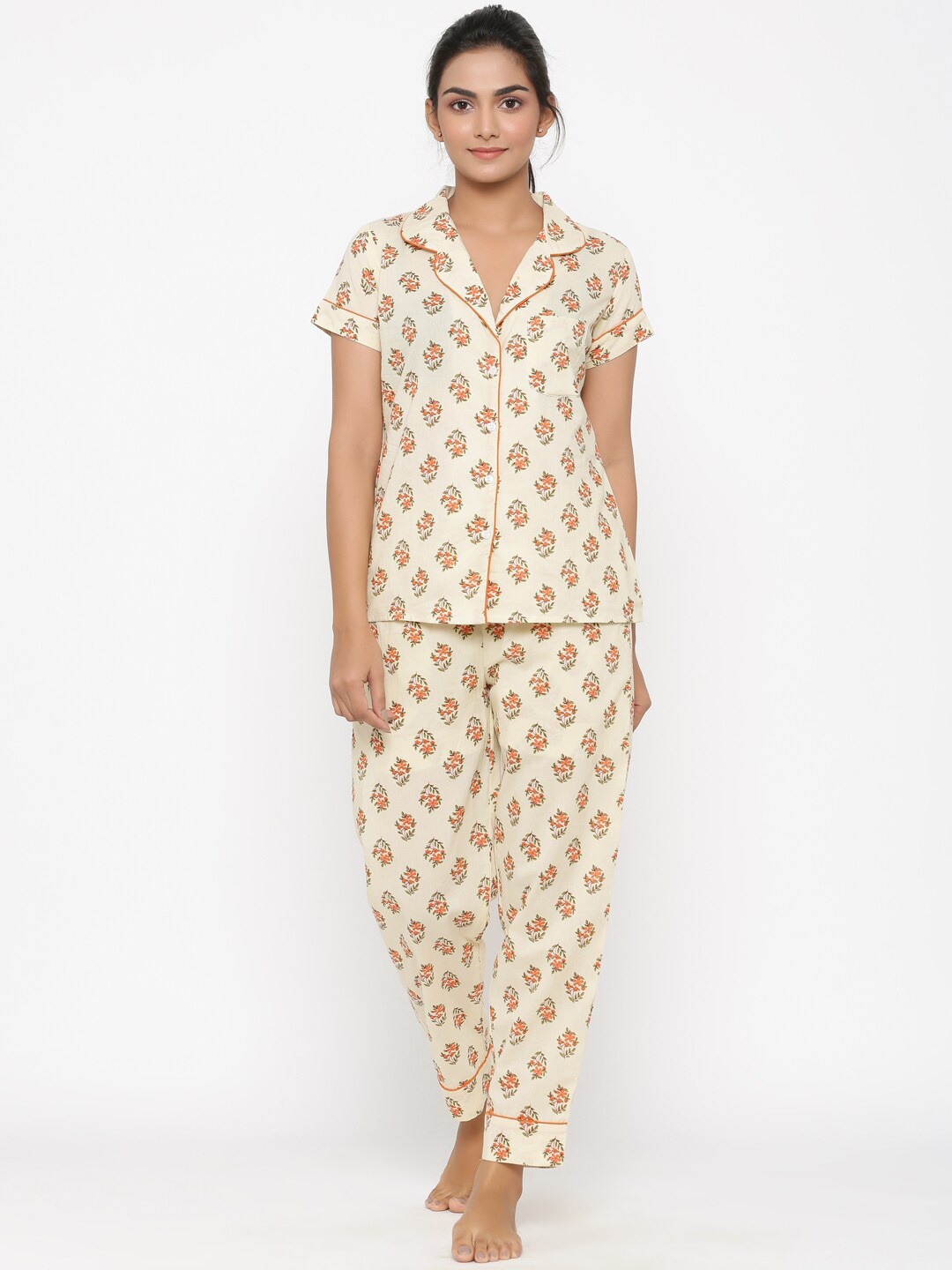 

Fusion Threads Women Cream & Orange Floral Printed Pure Cotton Night Suit