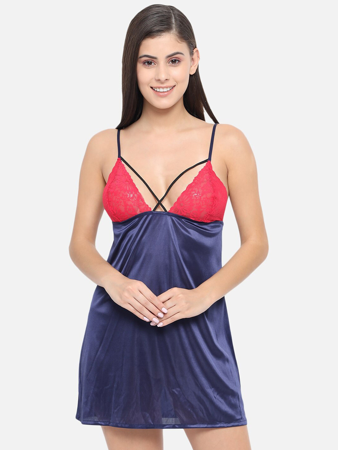 

Klamotten Women Navy Blue & Red Lace Baby Doll