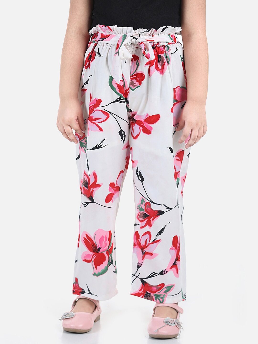 

Cutiekins Girls White & Pink Floral Printed Knitted Palazzos