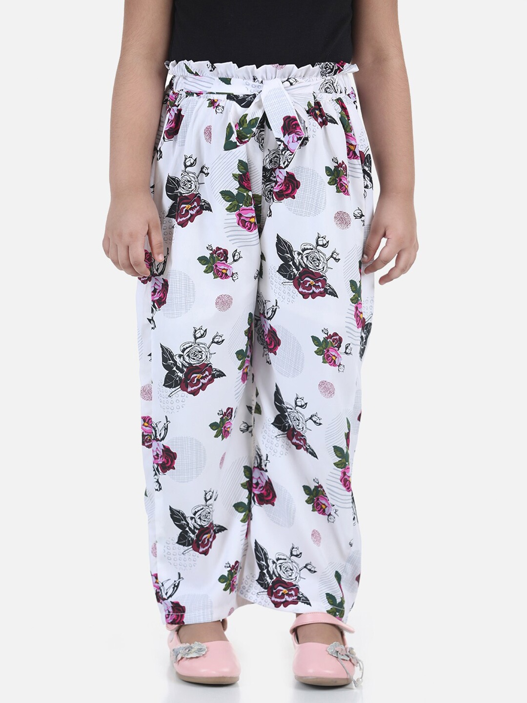 

Cutiekins Girls White & Pink Floral Printed Knitted Palazzos