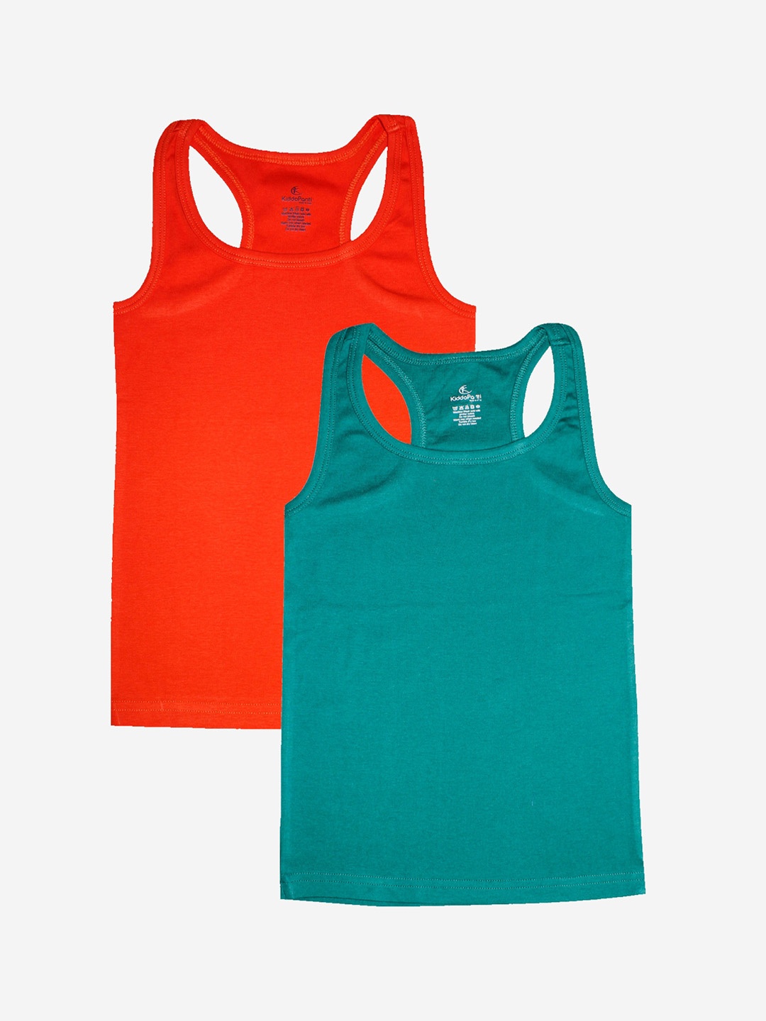 

KiddoPanti Girls Pack Of 2 Orange & Green Solid Pure Cotton Camisoles